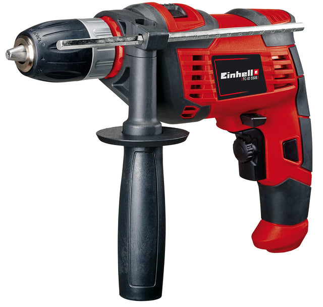 Masina de gaurit si insurubat (bormasina) cu impact Einhell TC - ID 550 E, 550 W, control electronic al vitezei, preselectare a vitezei, rotatie in ambele sensuri, opritor de adancime metalic, maner suplimentar Einhell - scule electrice si unelte profesionale - BricoMart