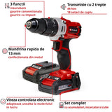 Masina de gaurit si insurubat (bormasina) cu impact pe acumulator Einhell TE - CD 18/2 Li - i +64, 2x2.0 Ah Power X - Change, Li - ion, 18 V, 44 Nm, cutie de viteze cu 2 trepte, incl. acumulator de 2.0 Ah, incarcator rapid si set de accesorii cu 64 de piese Einhell - scule electrice si unelte profesionale - BricoMart