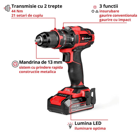 Masina de gaurit si insurubat (bormasina) cu impact pe acumulator Einhell TE - CD 18/44 Li - i (1x2.5 Ah Power X - Change, 18 V, 44 Nm, mod de gaurire cu impact, mandrina metalica de 13 mm, 2 viteze, inclusiv acumulator de 2.5 Ah si incarcator Einhell - scule electrice si unelte profesionale - BricoMart