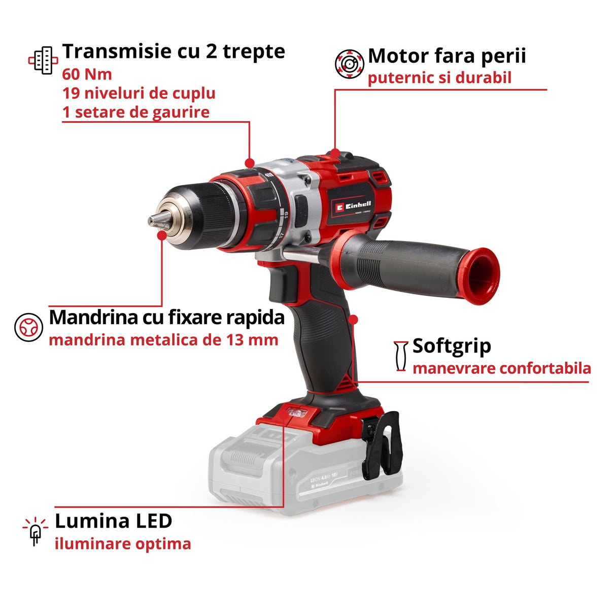 Masina de gaurit si insurubat (bormasina) pe acumulator Einhell Professional TP - CD 18 Li Brushless Solo Power X - Change Li - Ion, Rosu, 18 V, 2 viteze, 60 Nm, motor fara perii, lumina LED, fara baterie si incarcator Einhell - scule electrice si unelte profesionale - BricoMart
