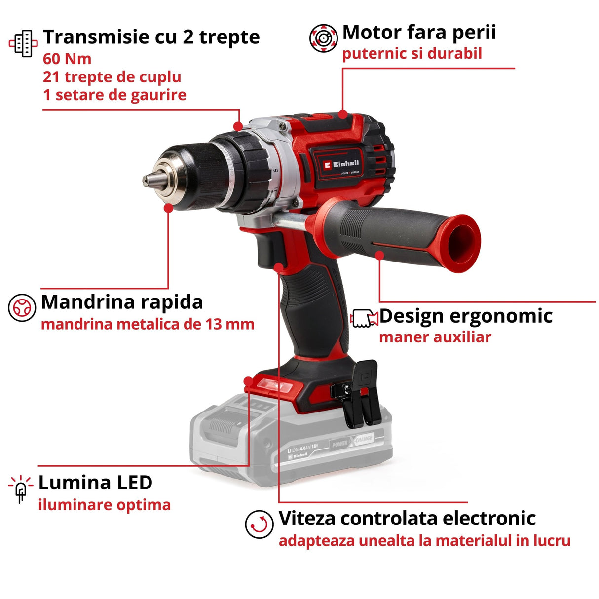 Masina de gaurit si insurubat (bormasina) pe acumulator Einhell Professional TP - CD 18/60 Li BL - Solo Power X - Change, Li - ion, 18 V, motor fara perii, mandrina metalica de gaurit de 13 mm, cutie de viteze cu 2 trepte, livrata fara acumulator sau incarcator Einhell - scule electrice si unelte profesionale - BricoMart