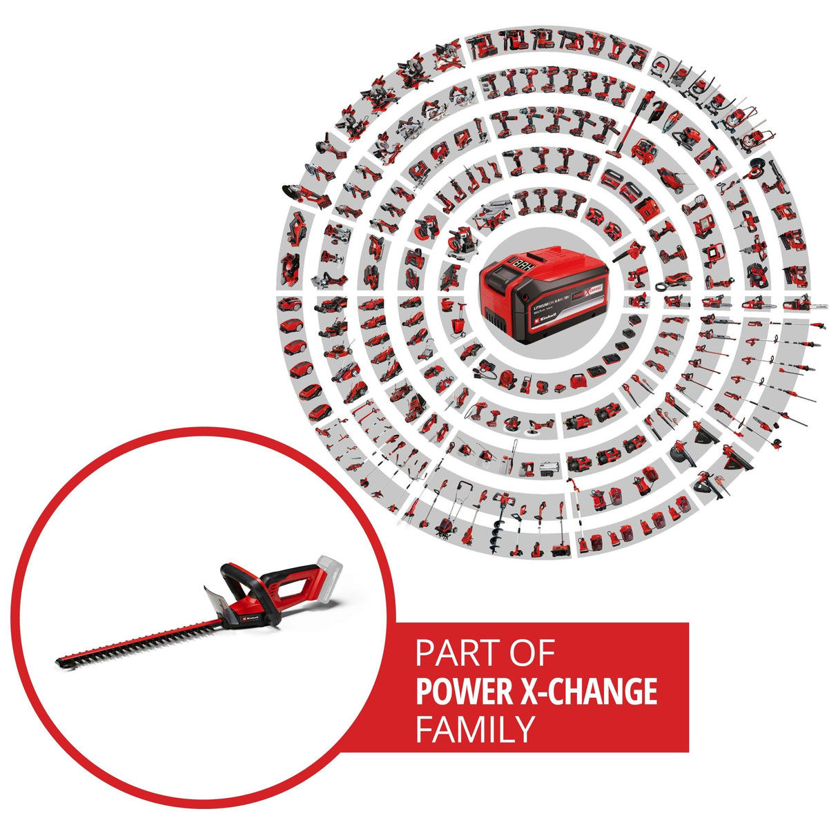 Masina de tuns gard viu pe acumulator Einhell GC - CH 18/40 Li Solo Power X - Change (18 V, lungime de taiere 40 cm, distanta intre dinti de 13 mm, maner ergonomic, fara acumulator Einhell - scule electrice si unelte profesionale - BricoMart