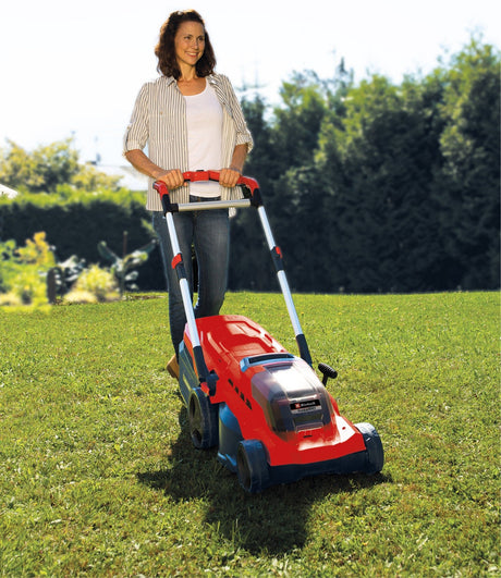 Masina de tuns iarba/gazon pe acumulator Einhell RASARRO 36/38 (litiu - ion, motor fara perii, reglare centrala a inaltimii de taiere pe 6 niveluri, incl. 2 baterii Power X - Change de 4,0 Ah + incarcator dublu, dop pentru mulcire Einhell - scule electrice si unelte profesionale - BricoMart