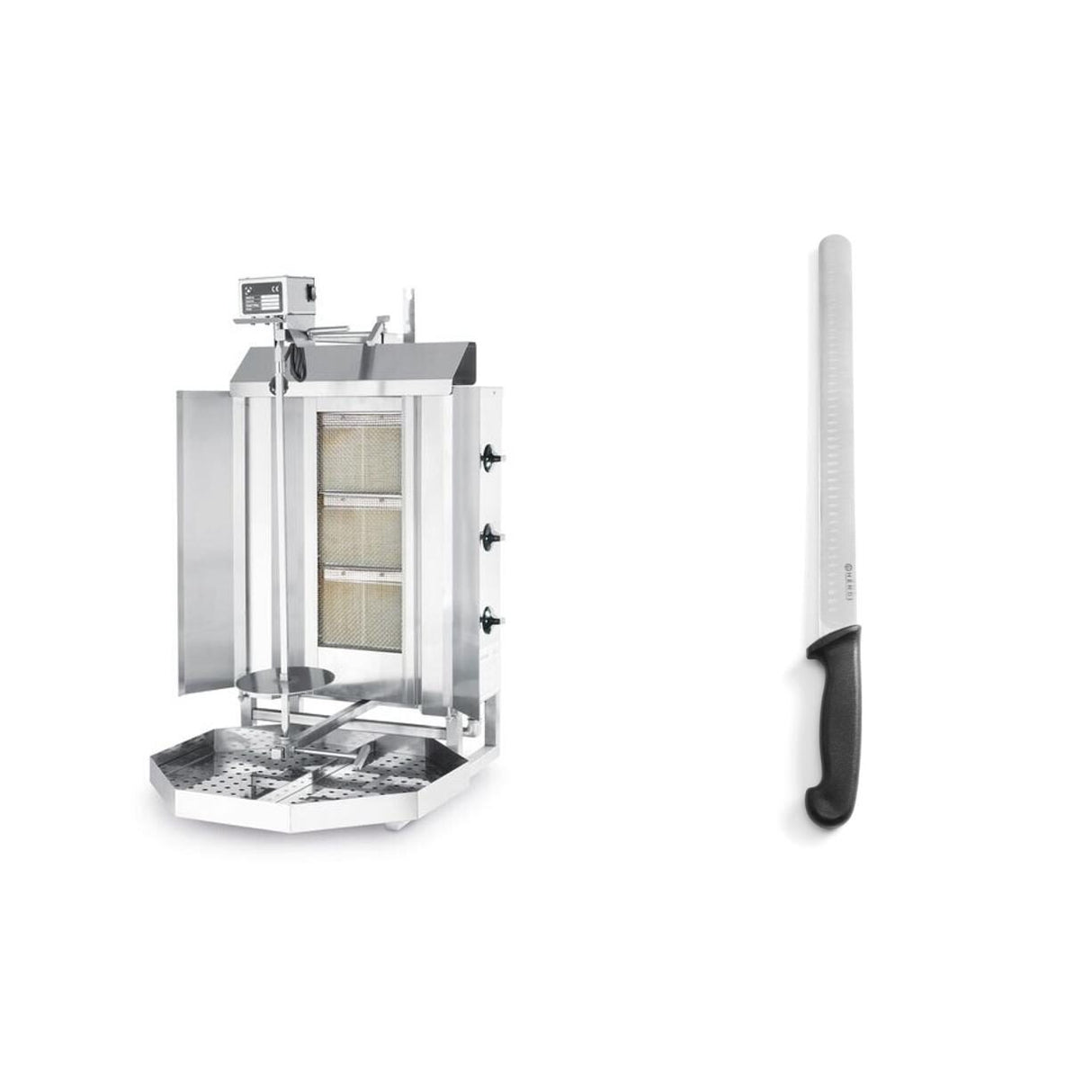 Pachet Kebab Grill gaz 3 arzatoare 40kg + Cutit HACCP 35cm