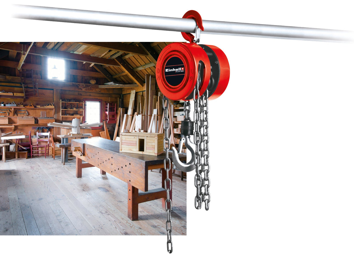 Palan cu lant Einhell TC - CH 1000, max. 1.000 kg la o inaltime de ridicare maxima de 2,5 m, carcasa metalica robusta, inchisa pentru ghidarea sigura a lantului, carlig de sarcina cu bara de siguranta Einhell - scule electrice si unelte profesionale - BricoMart