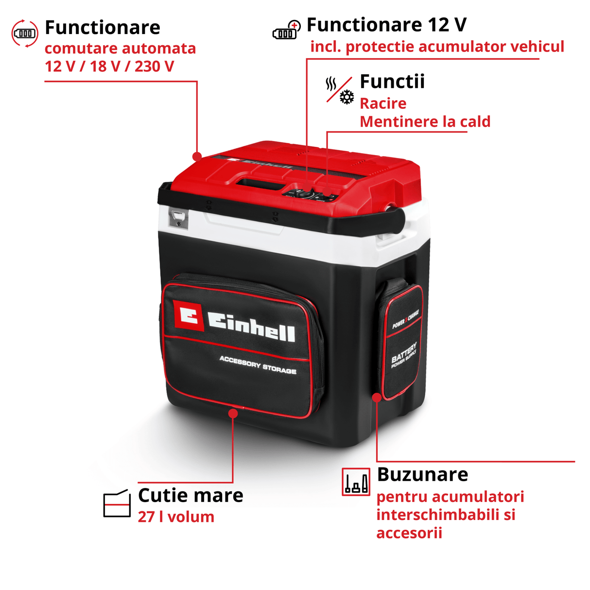 Racitor cu acumulator Einhell TE - COL 18/27 Li - Solo - indicator LED, 18 V, 12 V si 230 V, cablu auto 190 cm BricoMart - scule electrice si unelte profesionale - BricoMart