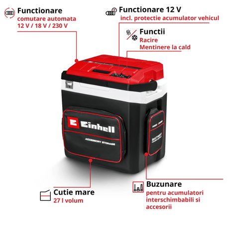 Racitor cu acumulator Einhell TE - COL 18/27 Li - Solo - indicator LED, 18 V, 12 V si 230 V, cablu auto 190 cm BricoMart - scule electrice si unelte profesionale - BricoMart