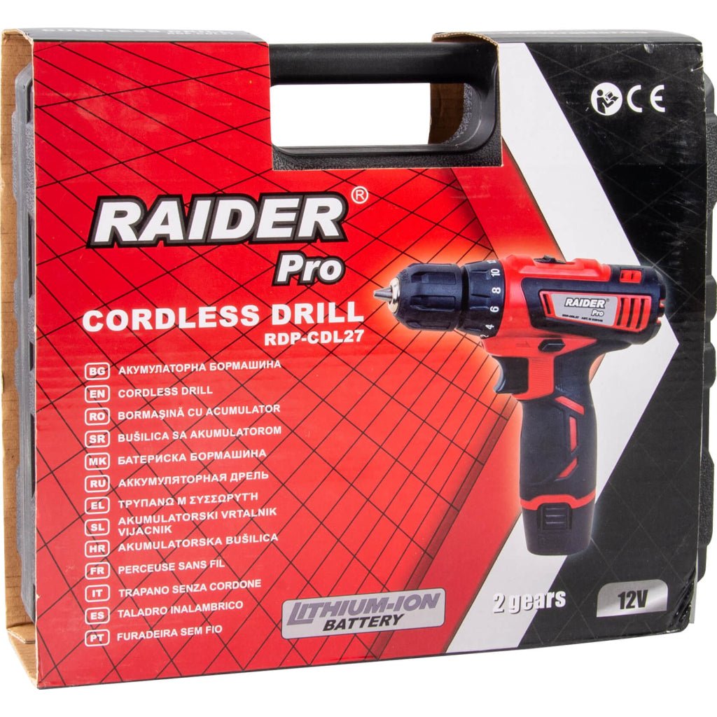 RAIDER Bormasina cu acumulator Li - ion 12V 1x1.5Ah 28Nm RD - CDL27 Mandrina rapida Reductor cu 2 trepte de viteza Functie de schimbare a sensului Iluminarea zonei de lucru cu LED Raider - scule electrice si unelte profesionale - BricoMart