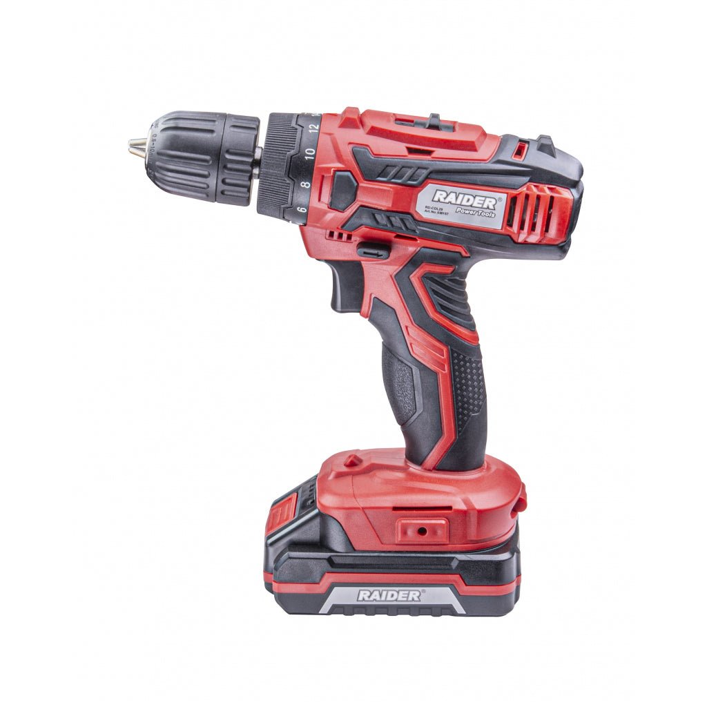 RAIDER Bormasina cu acumulator Li - ion 18V 2x1.5Ah 28Nm RD - CDL29 Mandrina rapida 2 trepte de viteza Design ergonomic Raider - scule electrice si unelte profesionale - BricoMart
