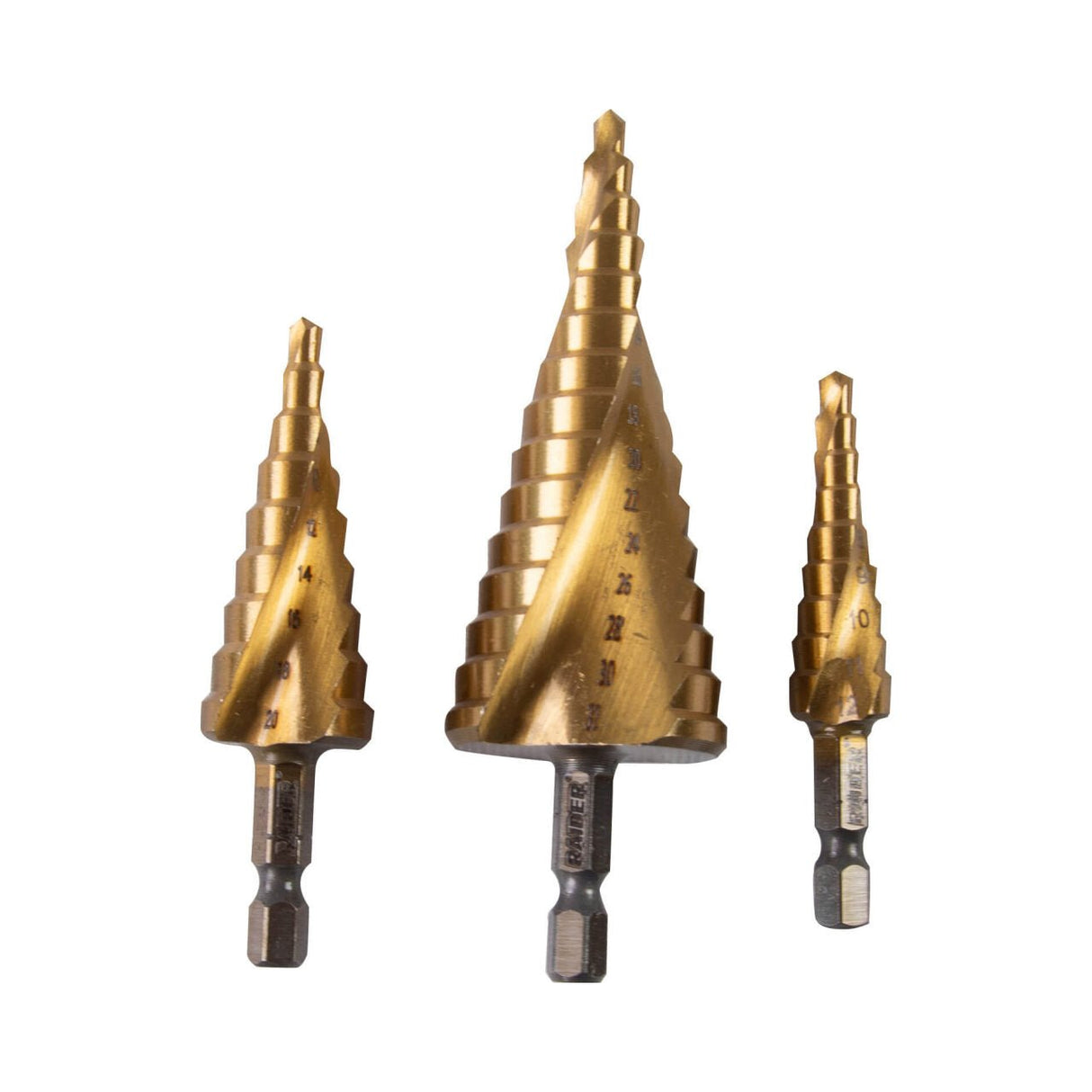 RAIDER Burghiu conic in trepte Ø4 - 12,4 - 20,4 - 32mm Set HEX 1/4 "Coada prindere Frecare redusa si uzura minima Viteza de gaurire cu 40% mai mare Varf cu autocentrare Raider - scule electrice si unelte profesionale - BricoMart
