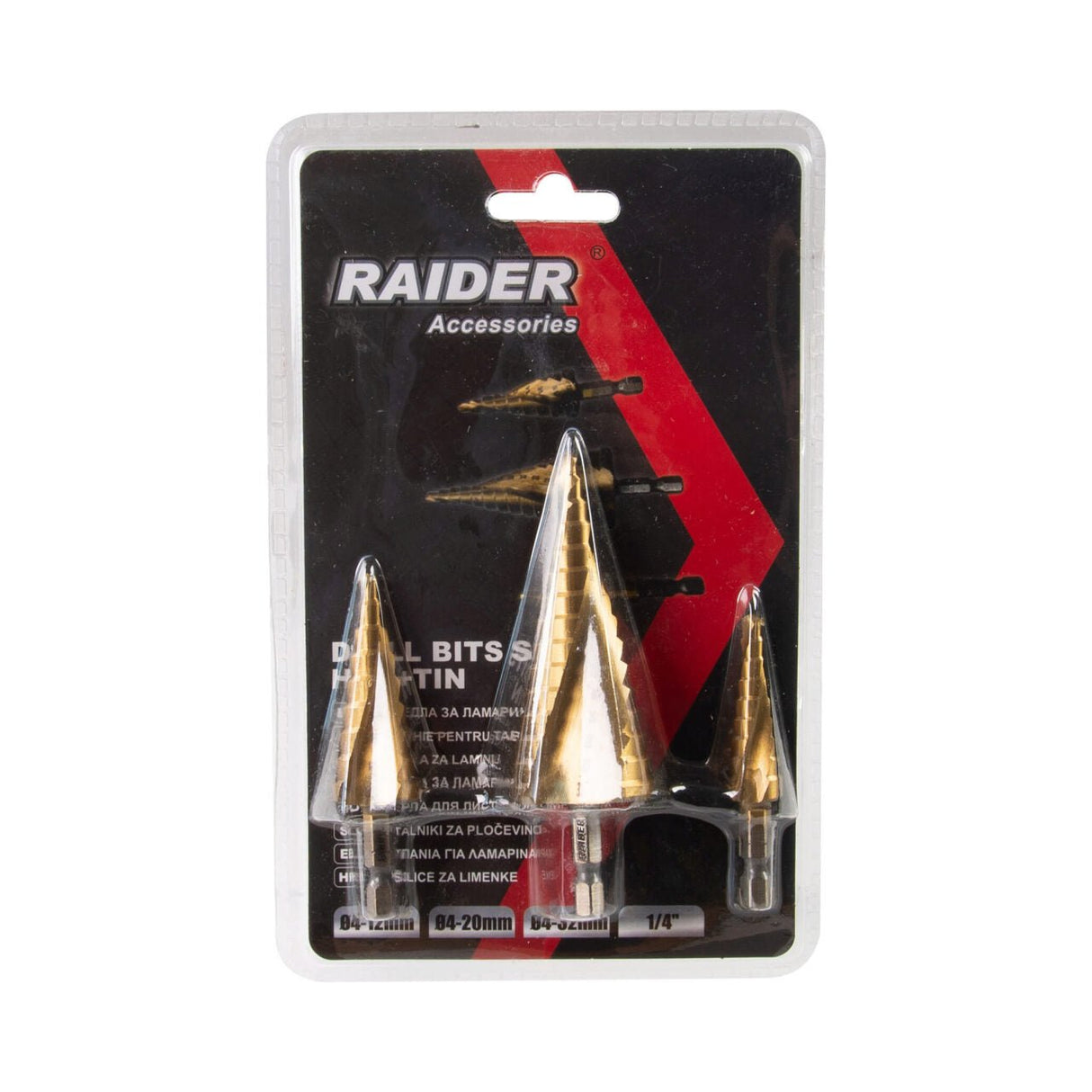 RAIDER Burghiu conic in trepte Ø4 - 12,4 - 20,4 - 32mm Set HEX 1/4 "Coada prindere Frecare redusa si uzura minima Viteza de gaurire cu 40% mai mare Varf cu autocentrare Raider - scule electrice si unelte profesionale - BricoMart