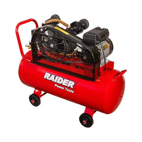 RAIDER Compresor aer pe curea 100l 1.5kW 170l/min 2pistoane RD - AC17 Design clasic si elegant. Consum redus de energie. Prevazut cu roti si maner pentru transport rapid si usor. Include man Raider - scule electrice si unelte profesionale - BricoMart