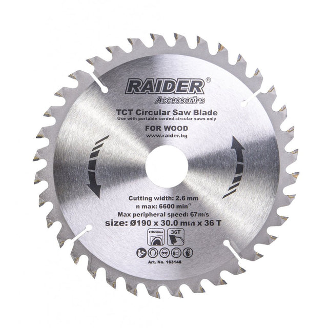 RAIDER Disc circular pentru lemn 190х36Тх30mm Potrivit pentru taierea lemnului Pastile din carburi Raider - scule electrice si unelte profesionale - BricoMart