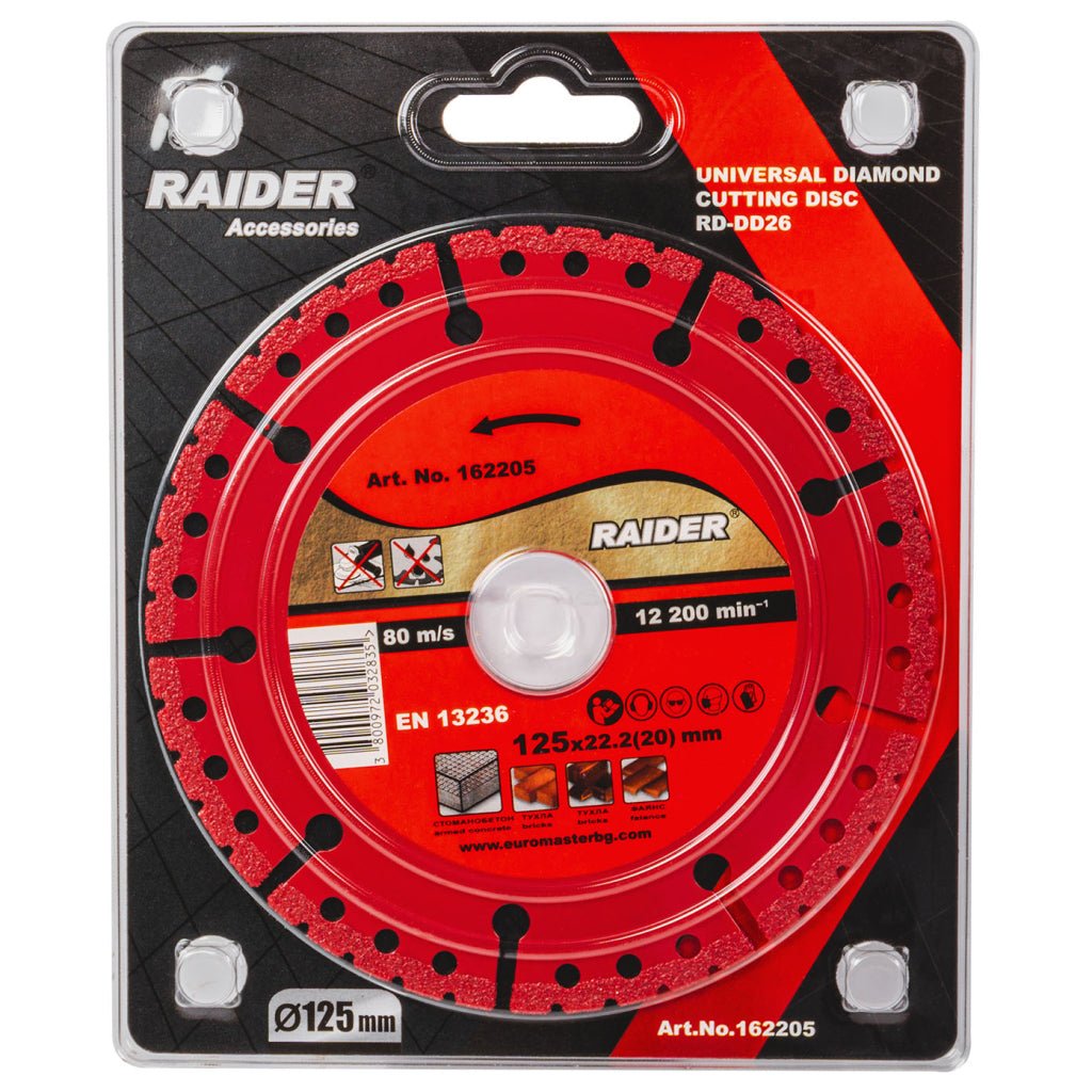RAIDER Disc de taiere diamantat universal 125x22.2mm RD - DD26 Segmentele discului sunt căptușite cu particule de diamant , care oferă durabilitate și eficiență de tăiere excepționale Raider - scule electrice si unelte profesionale - BricoMart