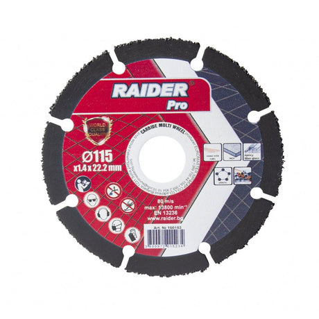 RAIDER Disc debitare multmaterial cu carbura 115x22.2 mm Viteza de taiere extrem de mare Disc cu carburi pentru MDF, materiale neferoase si plastic Viteza periferica maxima: 80 Raider - scule electrice si unelte profesionale - BricoMart