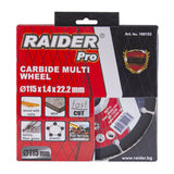 RAIDER Disc debitare multmaterial cu carbura 115x22.2 mm Viteza de taiere extrem de mare Disc cu carburi pentru MDF, materiale neferoase si plastic Viteza periferica maxima: 80 Raider - scule electrice si unelte profesionale - BricoMart