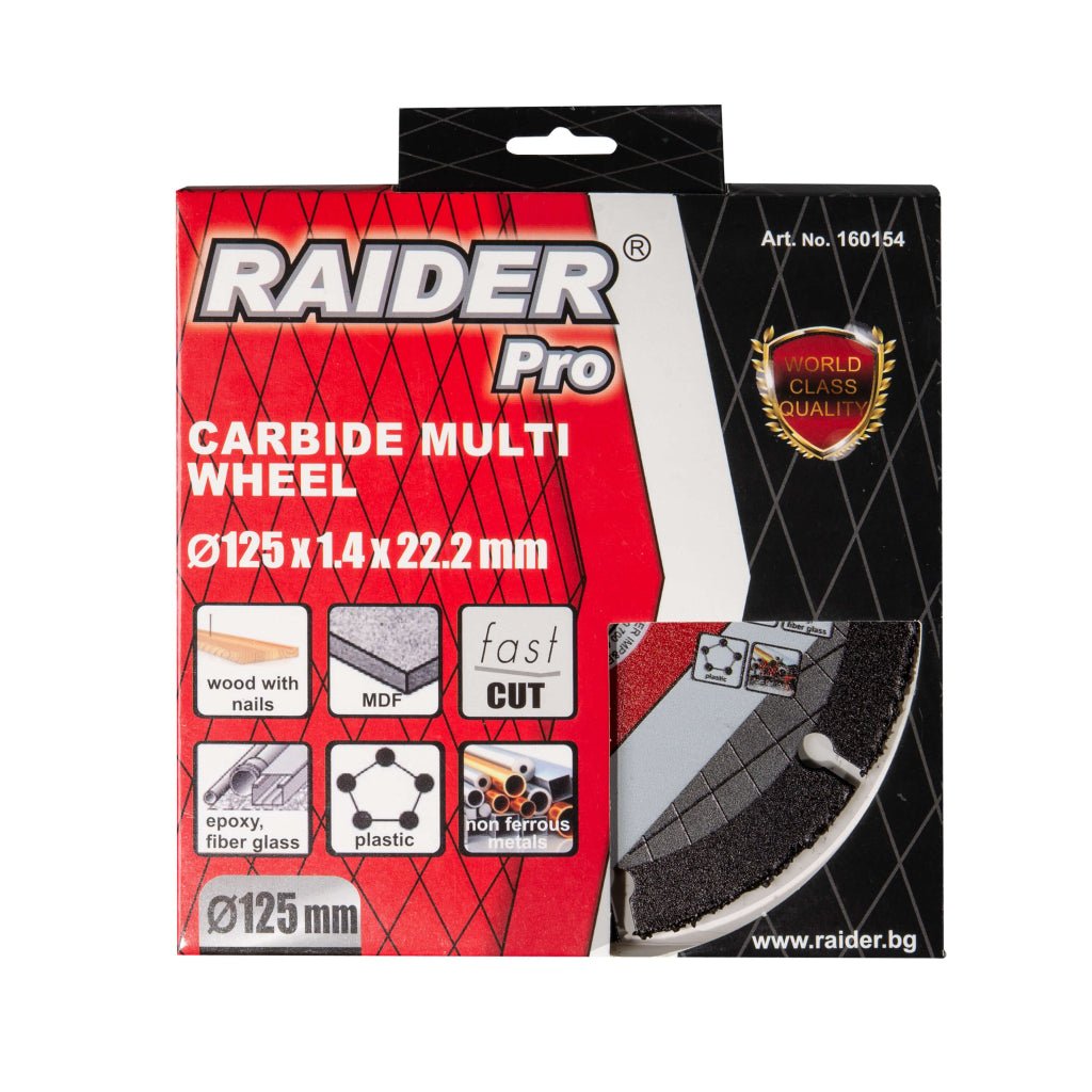 RAIDER Disc debitare multmaterial cu carbura 125x22.2 mm Viteza de taiere extrem de mare Disc cu carburi pentru MDF, materiale neferoase si plastic Viteza periferica maxima: 80 Raider - scule electrice si unelte profesionale - BricoMart