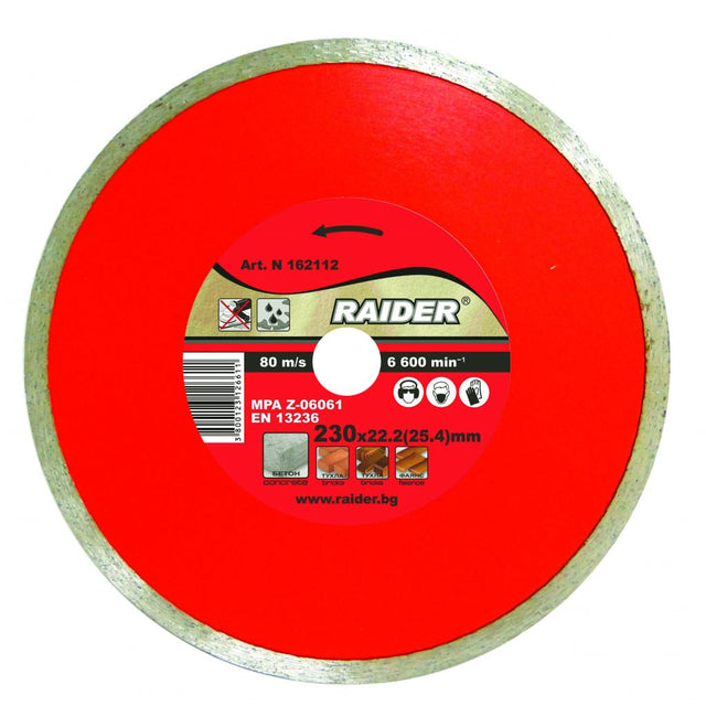 RAIDER Disc diamantat continuu WET 230x22.2mm RD-DD12 Disc pentru taieri umede Potrivit pentru beton , placi ceramice si caramizi Robust si rezistent la uzura Viteza periferi Raider - scule electrice si unelte profesionale - BricoMart