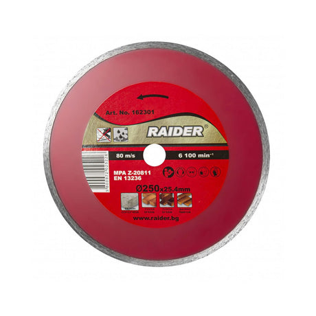 RAIDER Disc diamantat continuu WET 250x25.4mm Disc pentru taieri umede Potrivit pentru beton , placi ceramice si caramizi Robust si rezistent la uzura Viteza periferi Raider - scule electrice si unelte profesionale - BricoMart