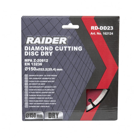 RAIDER Disc diamantat segmentat DRY 150x22.2mm RD - DD23 Conceput pentru tăierea uscată în beton, cărămizi, faianță Viteza periferică maximă: 80 m / s; RPM maxim tolerat: 10200 Raider - scule electrice si unelte profesionale - BricoMart