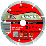 RAIDER Disc diamantat segmentat DRY 180x22.2mm RD-DD03 Disc pentru taiere uscata Robust si rezistent la uzura Potrivit pentru beton , placi ceramice si caramizi Viteza perifer Raider - scule electrice si unelte profesionale - BricoMart
