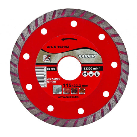 RAIDER Disc diamantat Turbo 115x22.2mm RD - DD05 Potrivit pentru beton , placi ceramice si caramizi Viteza periferica maxima: 80 m / s Raider - scule electrice si unelte profesionale - BricoMart