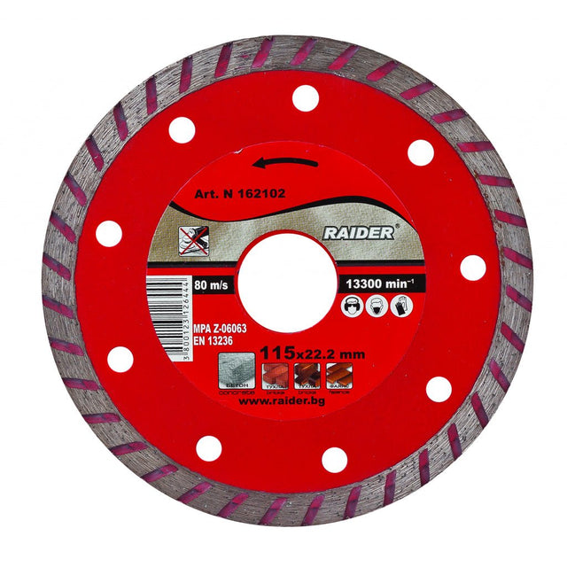 RAIDER Disc diamantat Turbo 115x22.2mm RD - DD05 Potrivit pentru beton , placi ceramice si caramizi Viteza periferica maxima: 80 m / s Raider - scule electrice si unelte profesionale - BricoMart