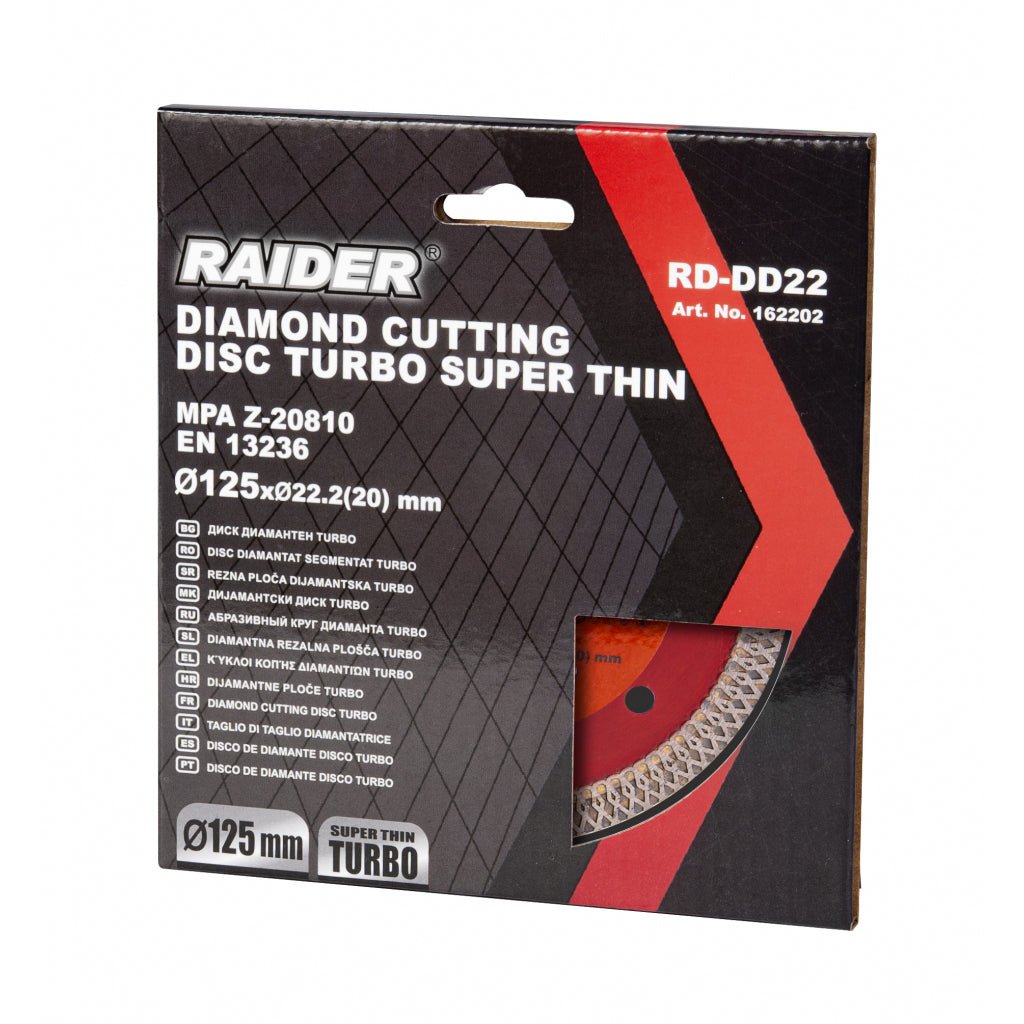 RAIDER Disc diamantat TURBO super - subtire 125x22.2 mm RD - DD22 Profil turbo special 10.5 mm Stratul de diamant Raider - scule electrice si unelte profesionale - BricoMart