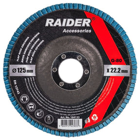 RAIDER Disc lamelar zirconiu 125mm G-80 Granule abrazive de zirconiu care oferă durabilitate Granulație G-80 Construcția lamelară permite o răcire mai bună în t Raider - scule electrice si unelte profesionale - BricoMart
