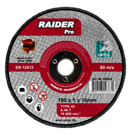 RAIDER Disc pentru taiat metal 100x1x16mm Pentru polizorul pneumatic Viteza periferica maxima: 80 m / s Raider - scule electrice si unelte profesionale - BricoMart