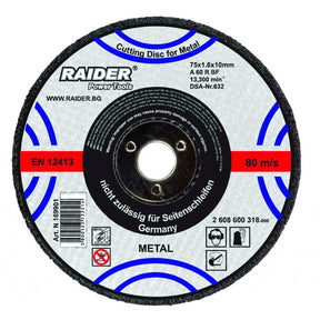RAIDER Disc pentru taiat metal 115х1.0х22.2mm Disc pentru taierea metalelor Taietura rapida si curata Viteza periferica maxima: 80 m / s Raider - scule electrice si unelte profesionale - BricoMart
