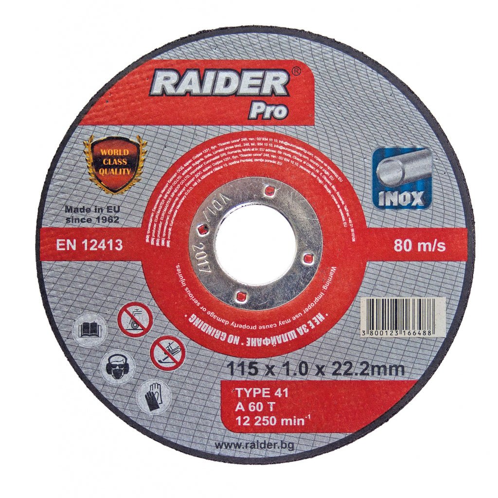 RAIDER Disc pentru taiat metal 115х1.0х22.2mm INOX RDP Disc pentru taierea INOX-ului Taietura rapida si curata Viteza periferica maxima: 80 m / s Raider - scule electrice si unelte profesionale - BricoMart