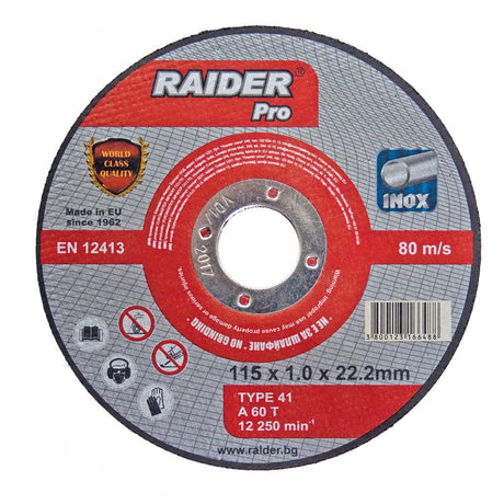RAIDER Disc pentru taiat metal 115х1.0х22.2mm INOX RDP Disc pentru taierea INOX-ului Taietura rapida si curata Viteza periferica maxima: 80 m / s Raider - scule electrice si unelte profesionale - BricoMart