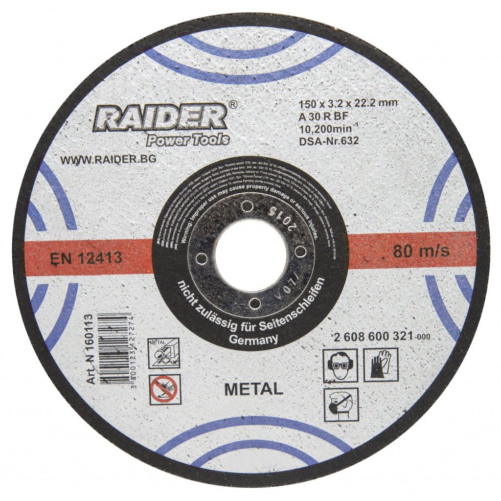 RAIDER Disc pentru taiat metal 150х3.2х22.2mm Disc pentru taierea metalelor Viteza periferica maxima: 80 m / s Raider - scule electrice si unelte profesionale - BricoMart