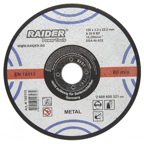 RAIDER Disc pentru taiat metal 150х3.2х22.2mm Disc pentru taierea metalelor Viteza periferica maxima: 80 m / s Raider - scule electrice si unelte profesionale - BricoMart