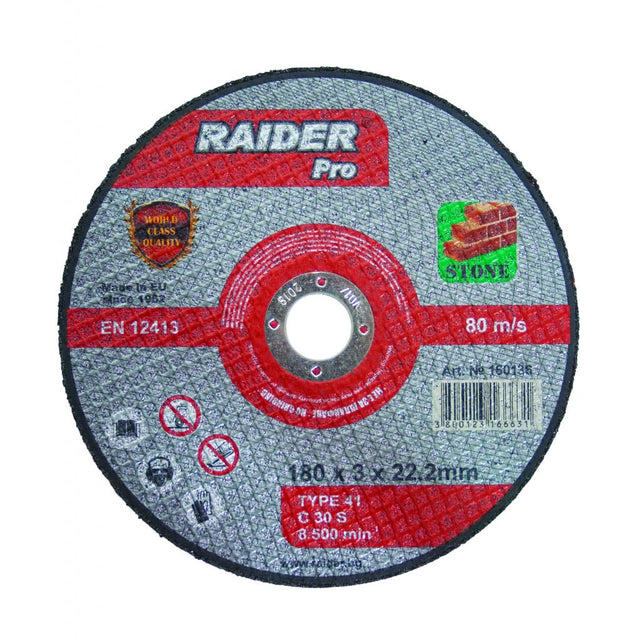 RAIDER Disc pentru taiat piatra 125х3х22.2mm RDP Disc pentru nemetale Potrivit pentru taierea pietrei Viteza periferica maxima: 80 m / s Raider - scule electrice si unelte profesionale - BricoMart