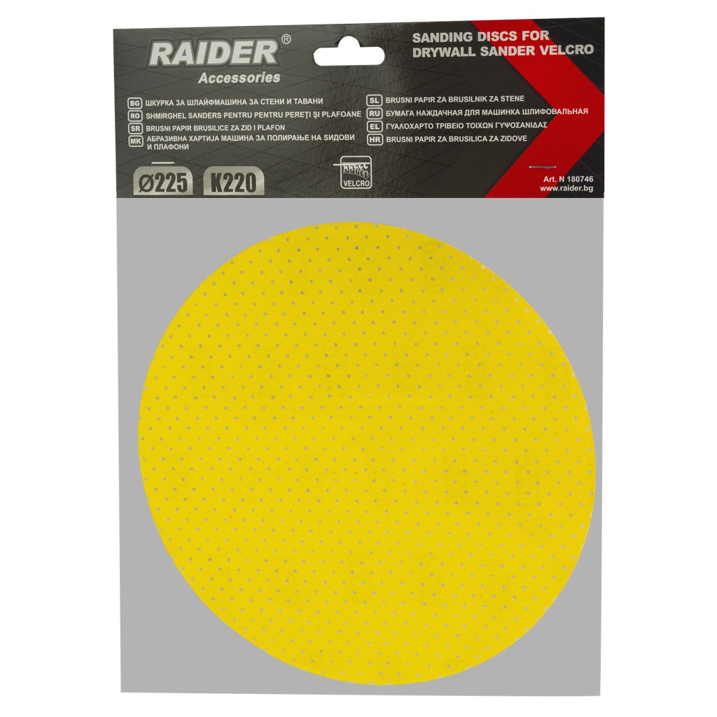 RAIDER Disc smirghel slefuitor pereti VELCRO ø225mm grit 220 Fixare usoara cu prindere VELCRO Instalare usoara Raider - scule electrice si unelte profesionale - BricoMart