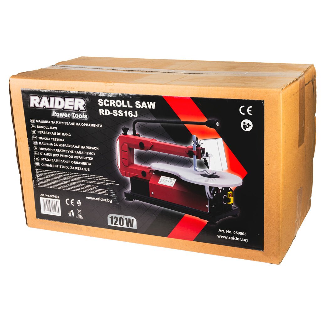 RAIDER Fierastrau pendular de banc 120W LED RD - SS16 Posibilitatea de taiere la unghi Ma sina foarte precisa cu motor siurant Iluminare cu LED pe suprafața de lucru Sistem p Raider - scule electrice si unelte profesionale - BricoMart