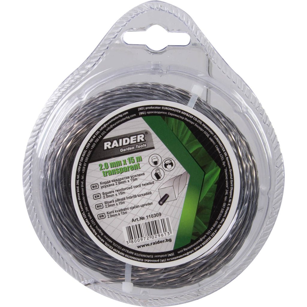 RAIDER Fir patrat rasucit pentru motocoase 2.0mm х 15m transparent Firul răsucit întărit pătrat oferă atât eficiență prin reducerea nivelurilor de zgomot, cât și a vibrațiilor mașinii, as Raider - scule electrice si unelte profesionale - BricoMart