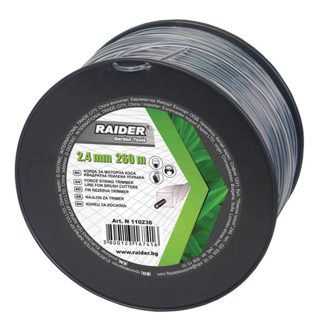 RAIDER Fir pentru motocoasa profil rotund 2.4mm х 260m Construit din material durabil ce ii confera elasticitate o perioada lunga de timp Raider - scule electrice si unelte profesionale - BricoMart