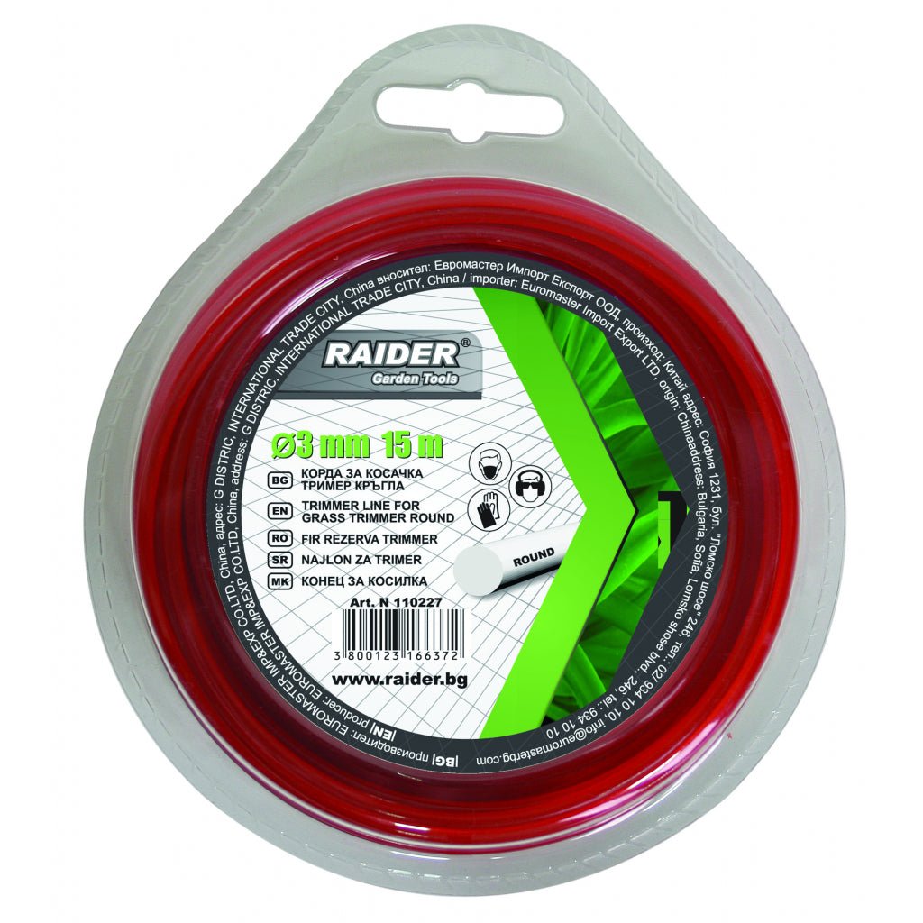 RAIDER Fir pentru trimmer rotund ø3mm х 15m Construit din material durabil ce ii confera elasticitate o perioada lunga de timp Raider - scule electrice si unelte profesionale - BricoMart
