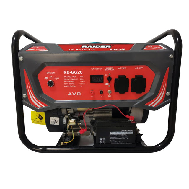 RAIDER Generator benzină 2.8kW pornire electrica RD - GG26 Motor puternic în patru timpi, cu cilindree de 212 cm³, care asigură performanțe ridicate. Sistem de aprindere fără cont Raider - scule electrice si unelte profesionale - BricoMart