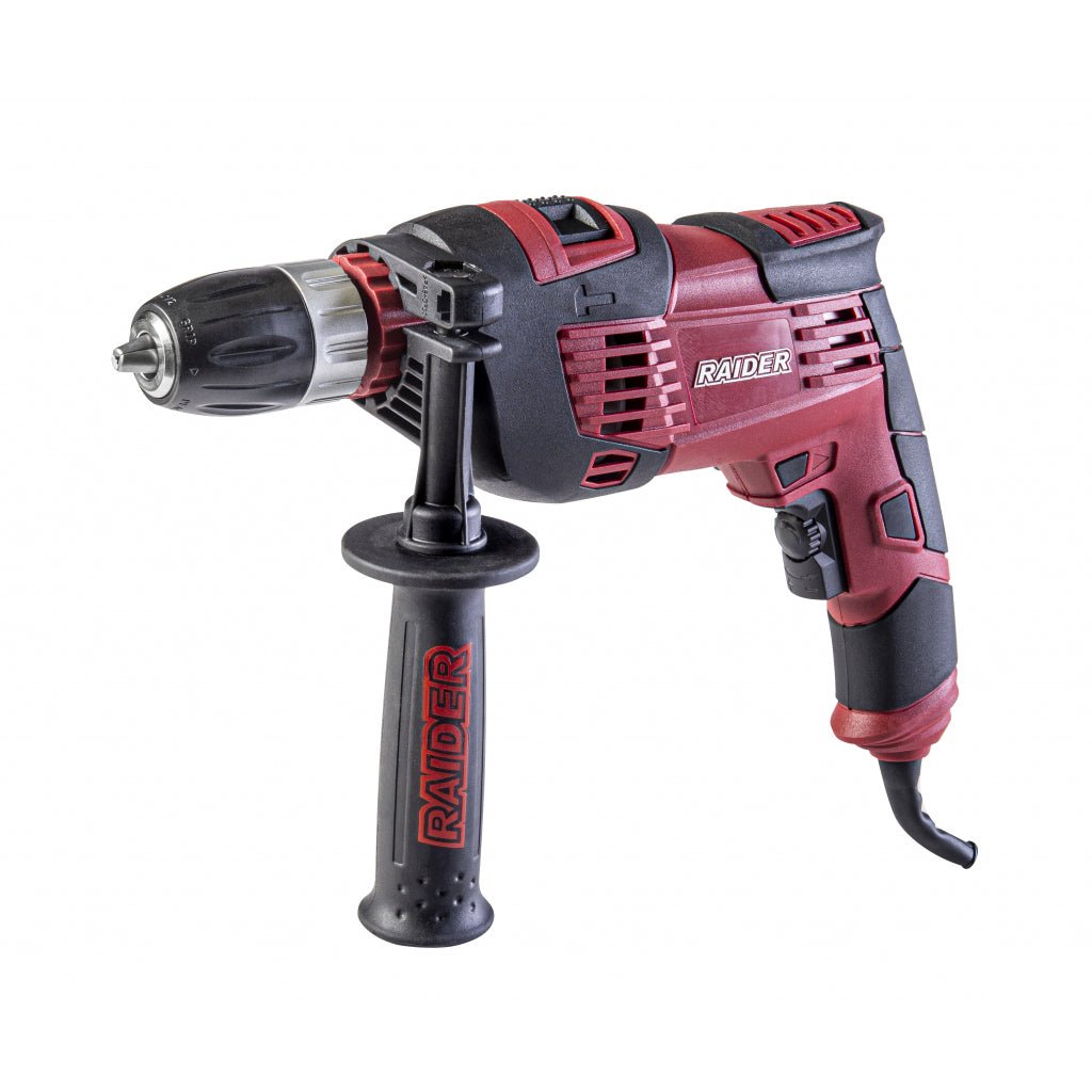 RAIDER Masina de gaurit cu percutie 1050W 13mm RD - ID44 Intrerupator cu blocare pe pozitia pornit Schimbator de sens Gaurire cu impact Maner frontal ajustabil Raider - scule electrice si unelte profesionale - BricoMart