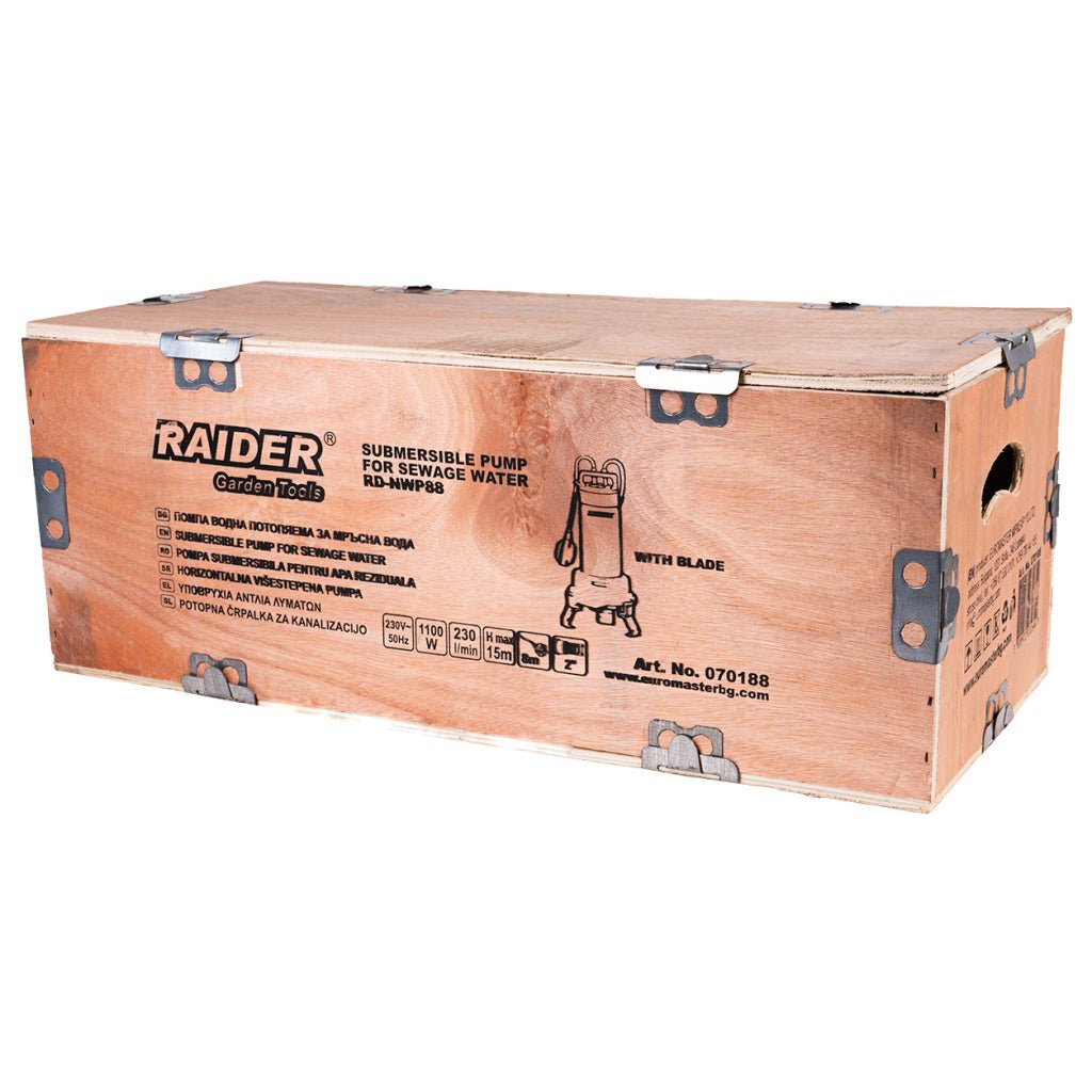 RAIDER Pompa submers. apa murdara 1100W2" 230L/min15m INOX RD - NWP88 Înălțime maximă de pompare: 15 metri – Pompa poate ridica apa până la 15 metri, fiind potrivită pentru drenarea gropilor Raider - scule electrice si unelte profesionale - BricoMart