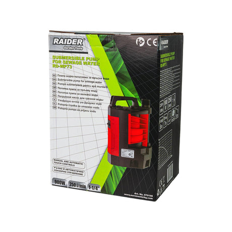 RAIDER Pompă submersibilă 900W 250L/min 8m 30mm senzor ulei RD - WP73 Performanță ridicată: 900 W / 250 L/min, echivalent cu 15.000 litri pe oră Poate pompa apă murdară cu particule solide d Raider - scule electrice si unelte profesionale - BricoMart