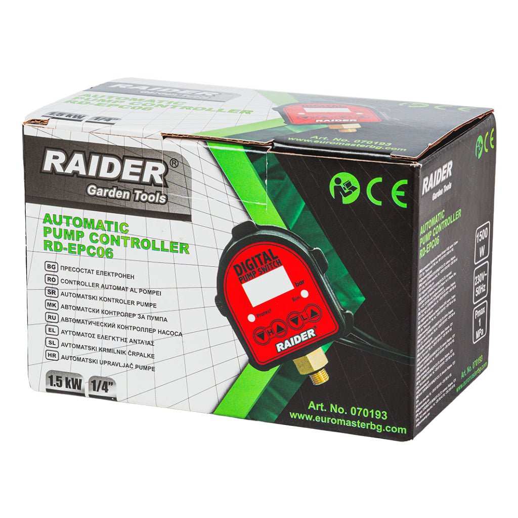 RAIDER Presostat electronic 1.5kW 1/4" 80°C Digital RD - EPC06 Control digital precis – asigura pornirea si oprirea corecta a pompei, prevenind ciclurile nedorite de on/off Protectie Raider - scule electrice si unelte profesionale - BricoMart