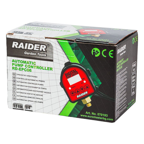 RAIDER Presostat electronic 1.5kW 1/4" 80°C Digital RD - EPC06 Control digital precis – asigura pornirea si oprirea corecta a pompei, prevenind ciclurile nedorite de on/off Protectie Raider - scule electrice si unelte profesionale - BricoMart