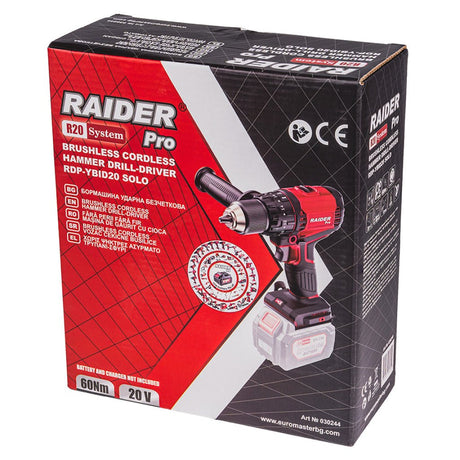 RAIDER R20 Bormasina cu percutie brushless 13mm60Nm Solo RDP - YBID20 Motorul fără perii oferă o eficiență mai mare, o durată de viață mai lungă a sculei și o uzură mai mică Dispune de o man Raider - scule electrice si unelte profesionale - BricoMart