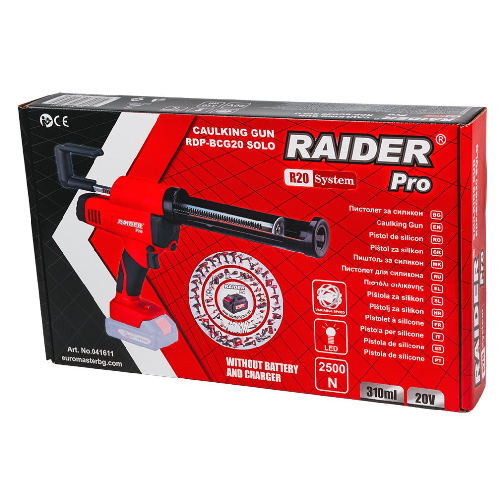 RAIDER R20 Caulking Gun 310ml LED variable speed Solo RDP - BCG20 Forța de presiune de 2500N permite lucrul cu materiale mai groase și proiecte mai mari. Acest lucru face ca unealta să f Raider - scule electrice si unelte profesionale - BricoMart
