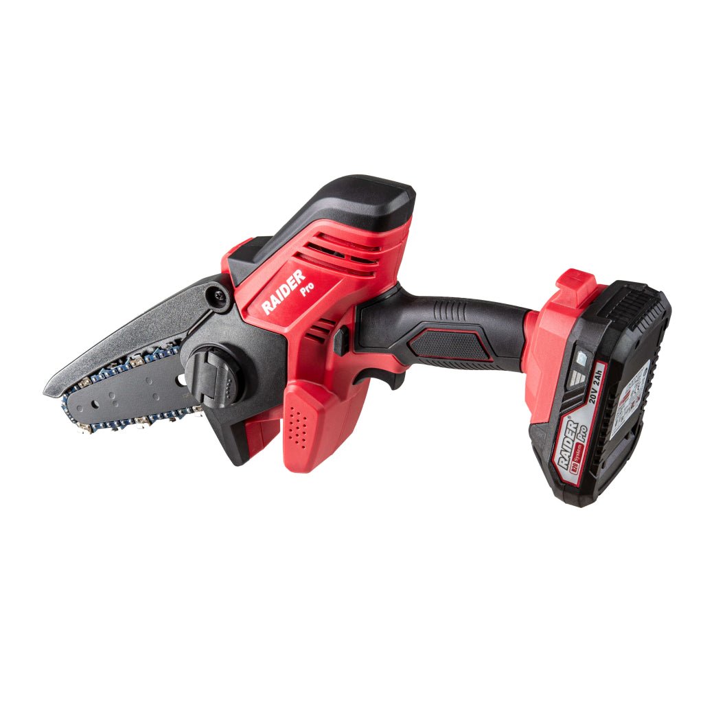 RAIDER R20 Ferastrau electric cu lant 120mm 1x2Ah RDP - CGP20 Design modern care încorporează un mâner auxiliar confortabil cu un strat anti - alunecare din cauciuc moale Buton pentru Raider - scule electrice si unelte profesionale - BricoMart